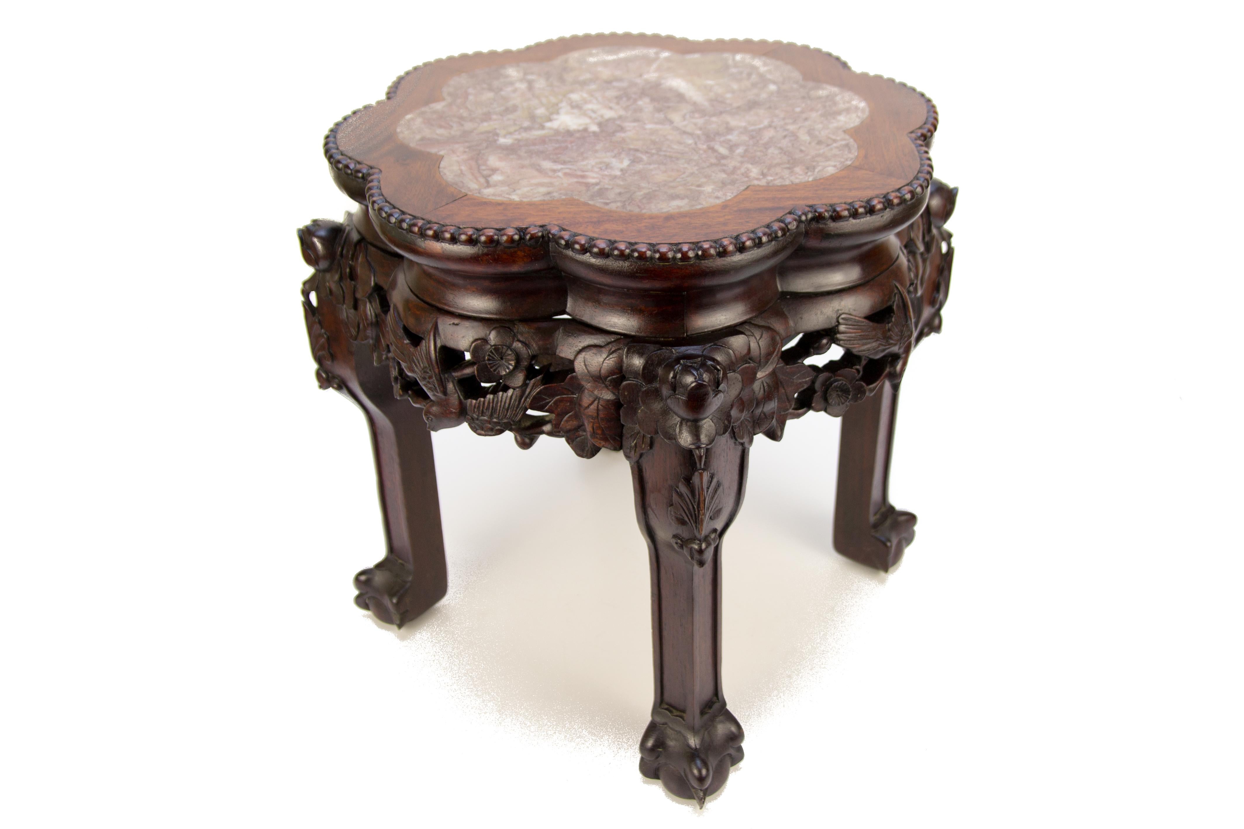 Mid-20th Century Chinese Carved Hardwood Pot Stand with Shaped Marble Inlaid Top