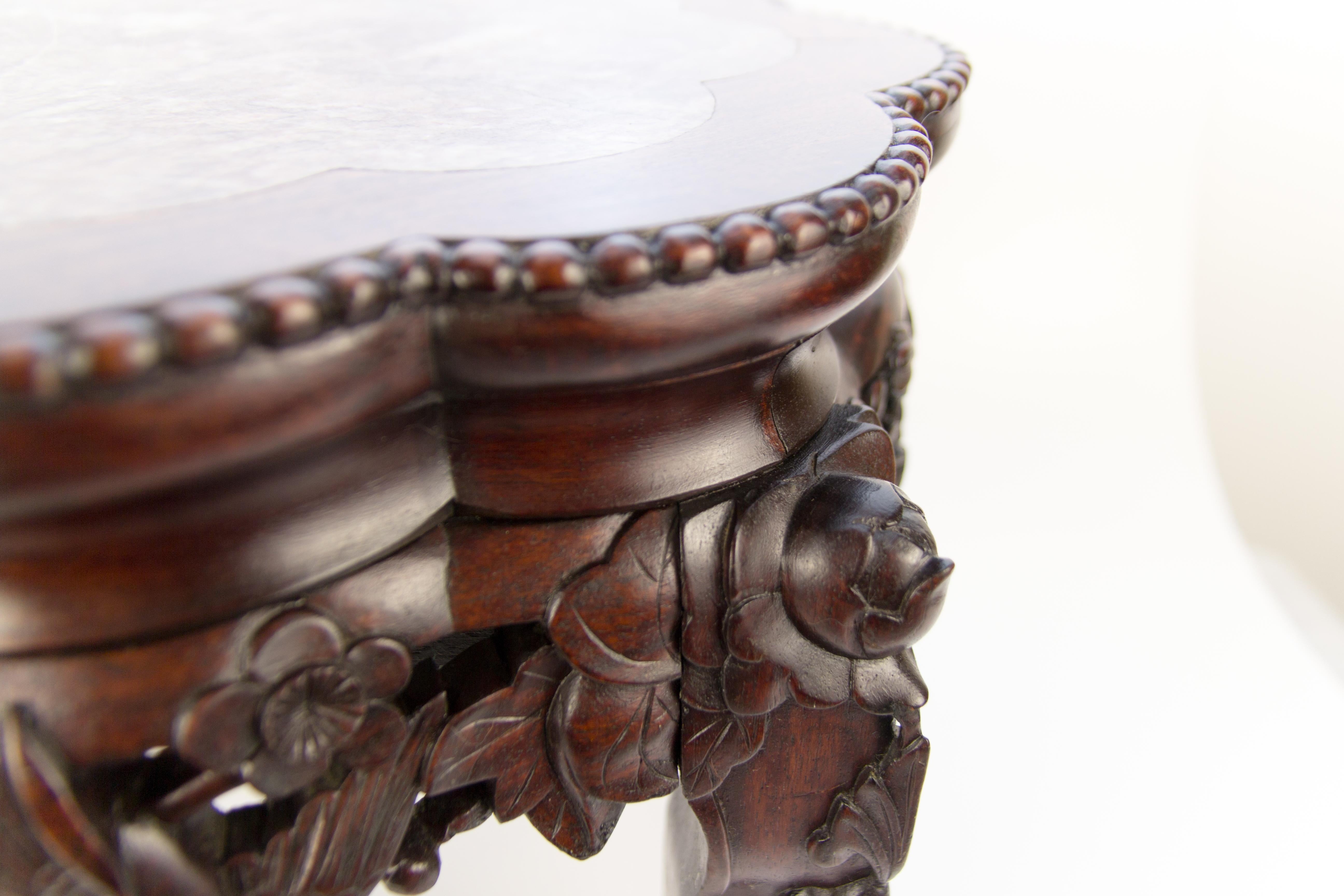 Chinese Carved Hardwood Pot Stand with Shaped Marble Inlaid Top 2