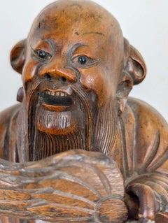 Chinese Carved Hardwood Sculpture of Zhongli Quan on Naturalistic Rootwood Stand