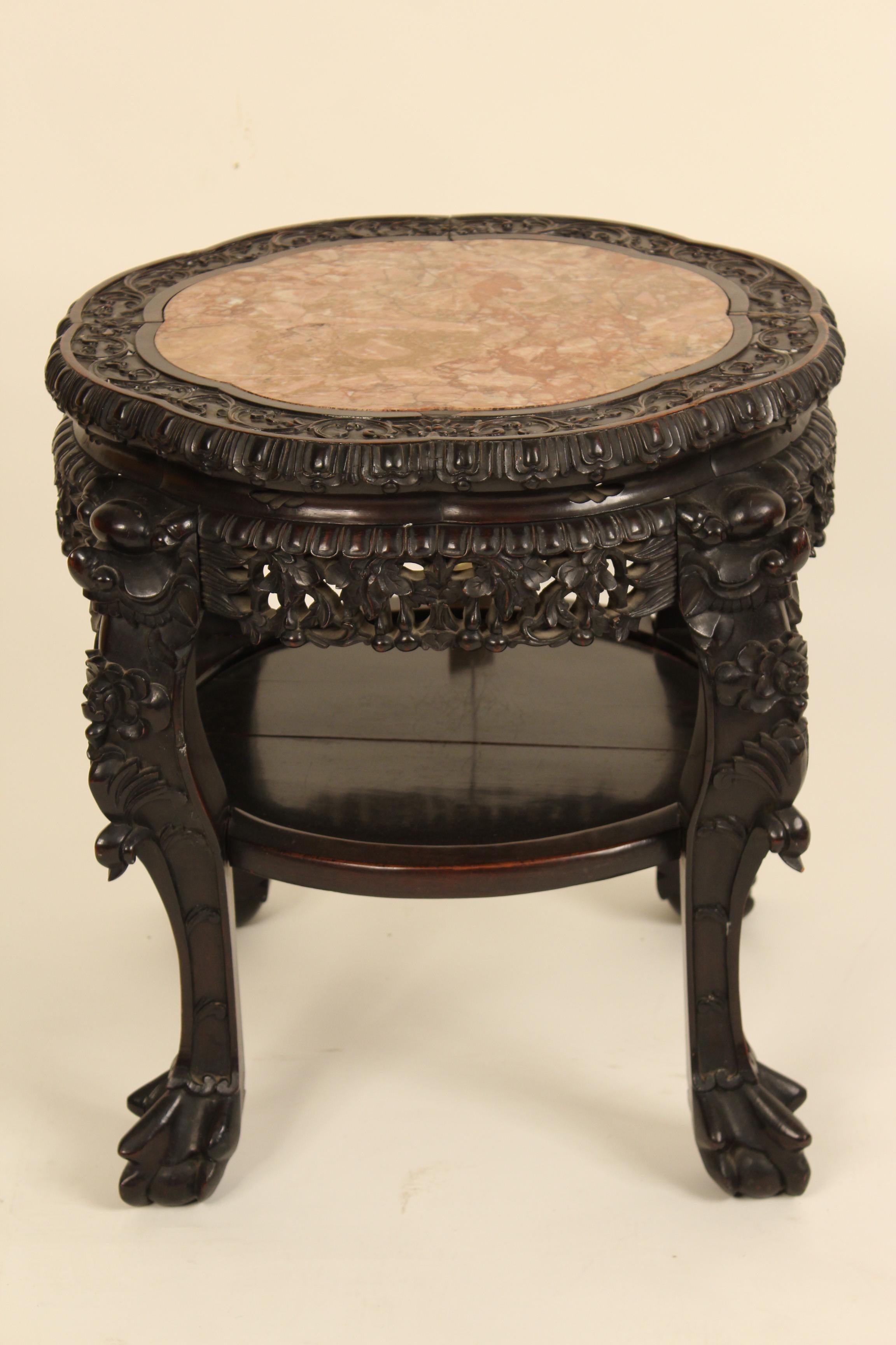 Chinese carved hardwood taboret / occasional table with marble top, circa 1920.
