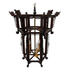 Chinese Carved Hardwood Three Light Lantern With Dragon Detail