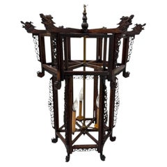 Chinese Carved Hardwood Three Light Lantern With Dragon Detail
