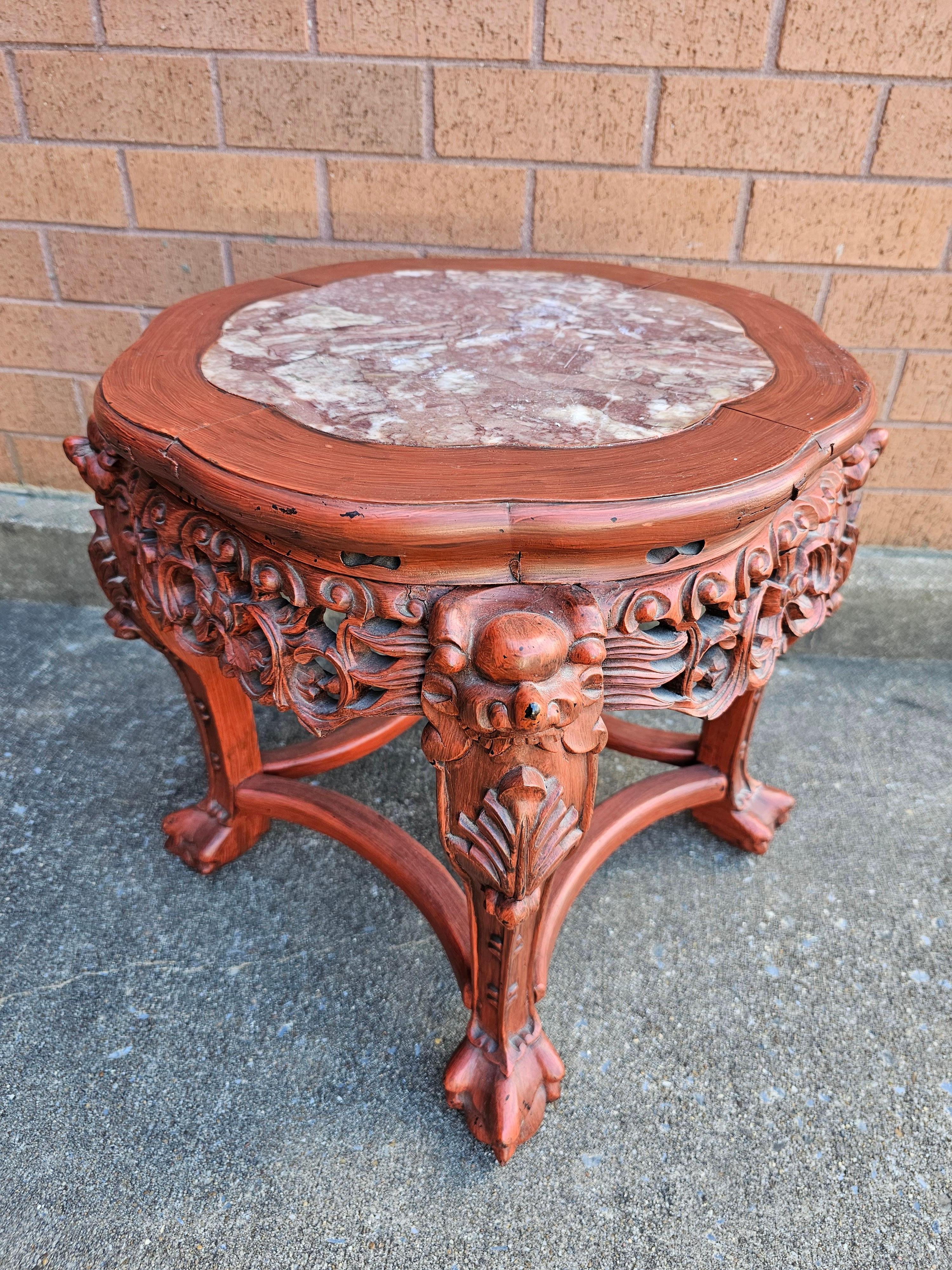 Chinese carved Hongmu and Marble Inset Low Tabourette In Good Condition In Germantown, MD