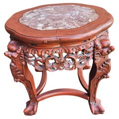 Chinese carved Hongmu and Marble Inset Low Tabourette