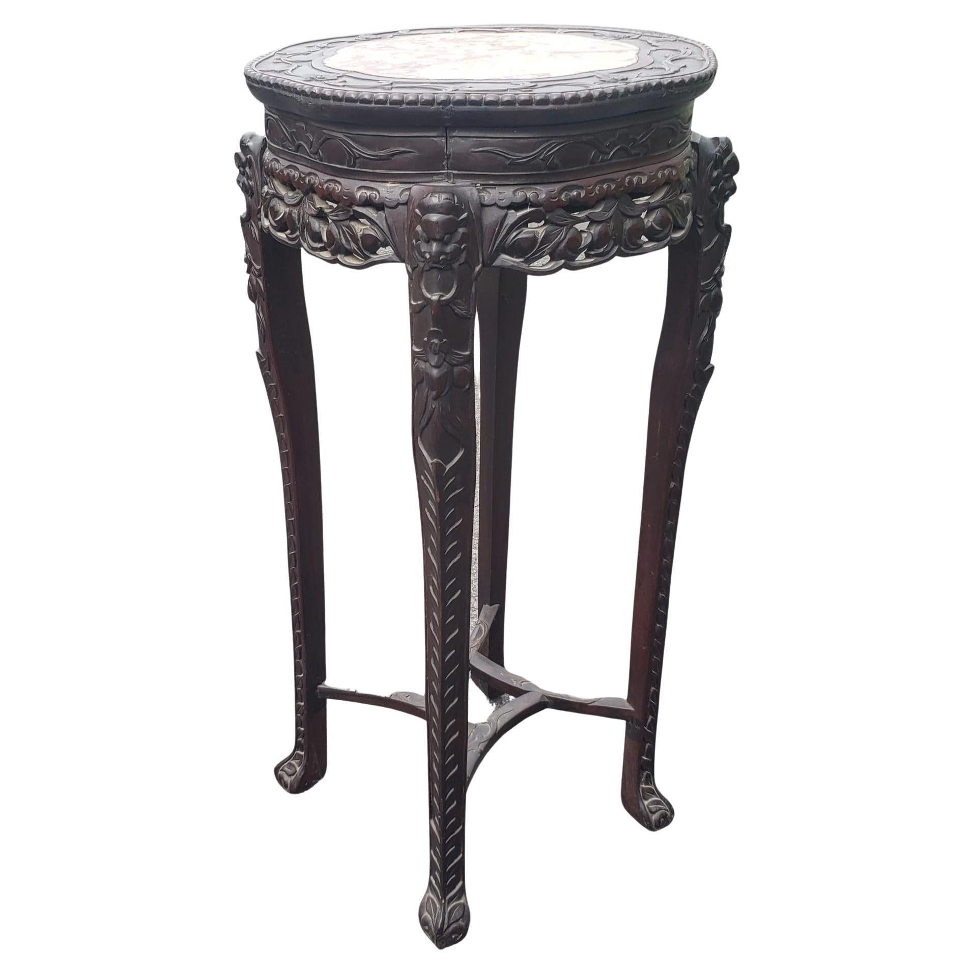 Chinese Tang Carved Hongmu And Marble Inset Tabouret Pedestal; Stunning and rare Chinese pedestal table with a 
Striking Chinese design from the 1920s.
hand carved 