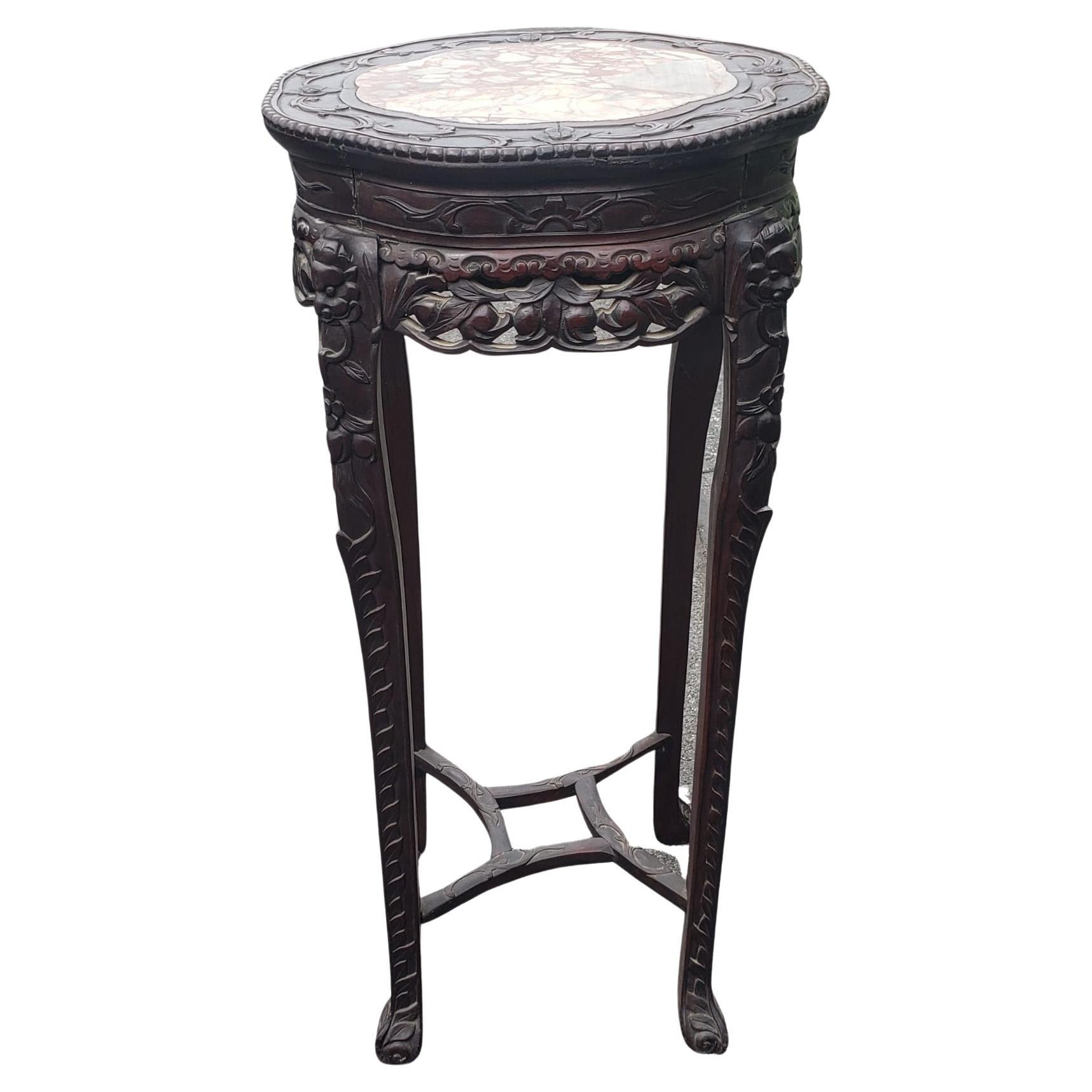 Tang Chinese Carved Hongmu And Marble Inset Tabouret Pedestal, Circa 1900s For Sale