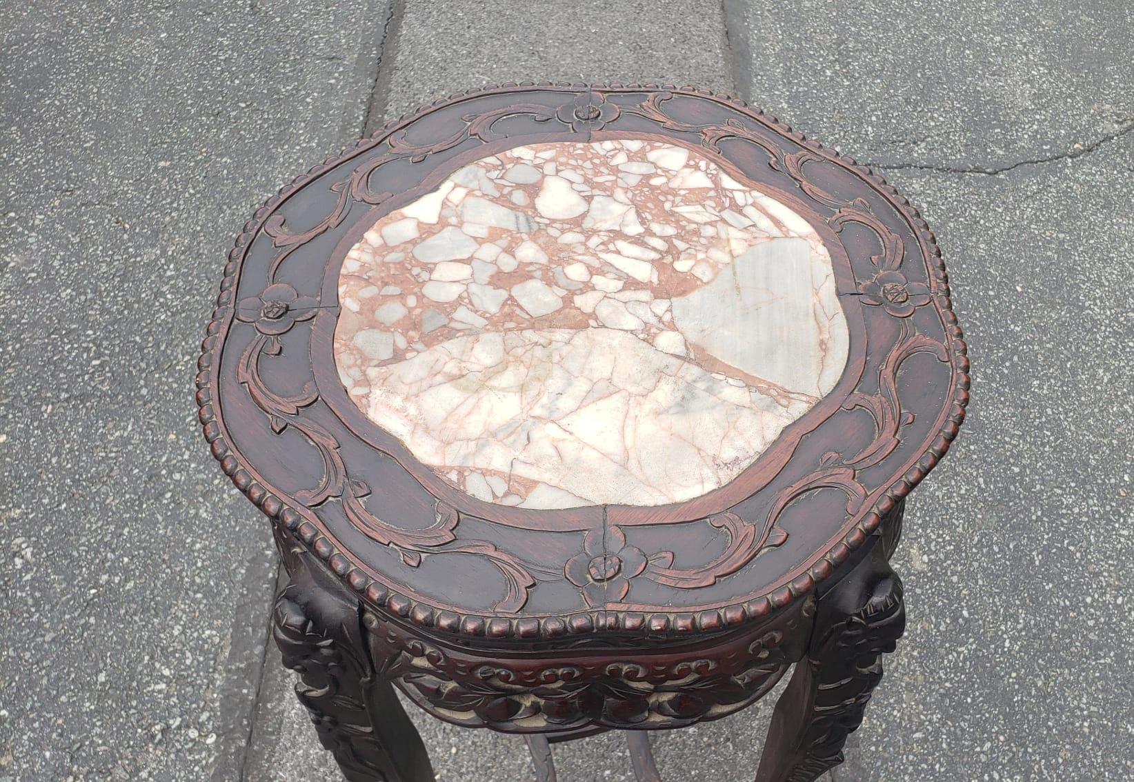 Hand-Carved Chinese Carved Hongmu And Marble Inset Tabouret Pedestal, Circa 1900s For Sale