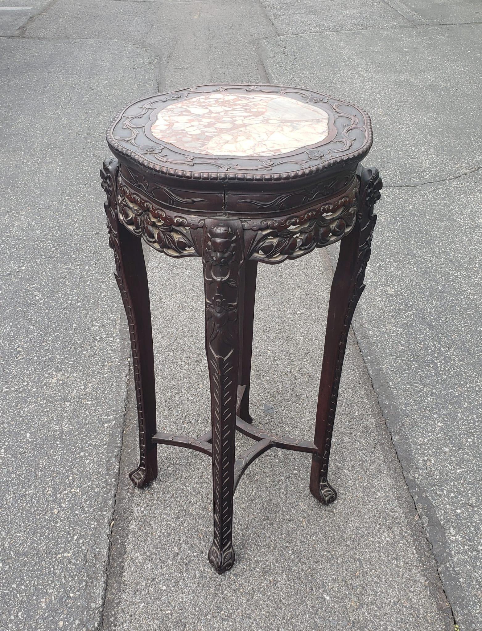 Chinese Carved Hongmu And Marble Inset Tabouret Pedestal, Circa 1900s In Good Condition For Sale In Germantown, MD