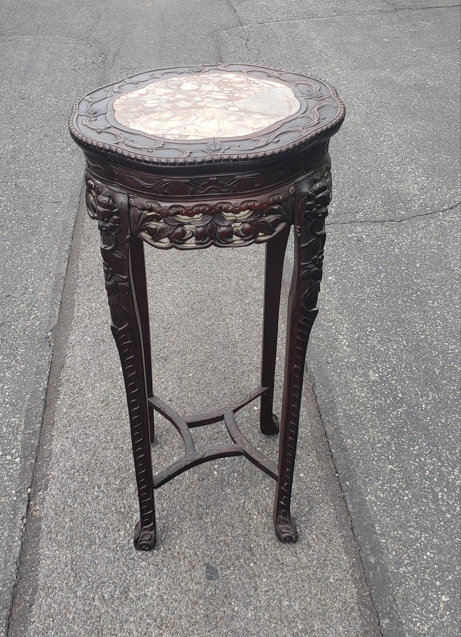 20th Century Chinese Carved Hongmu And Marble Inset Tabouret Pedestal, Circa 1900s For Sale
