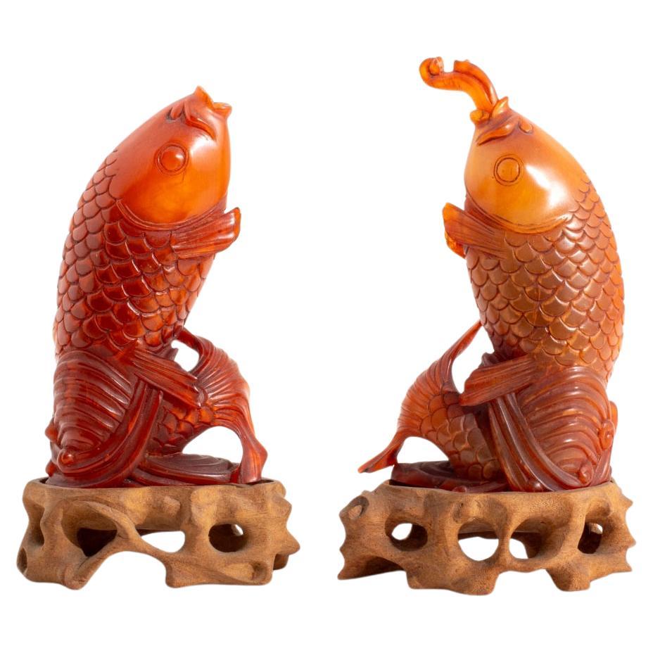 Chinese Carved Horn Carp Form Snuff Bottles, Pair For Sale