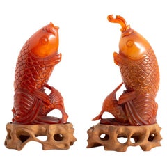 Paire de flacons à priser en corne chinoise sculptée en forme de carpe