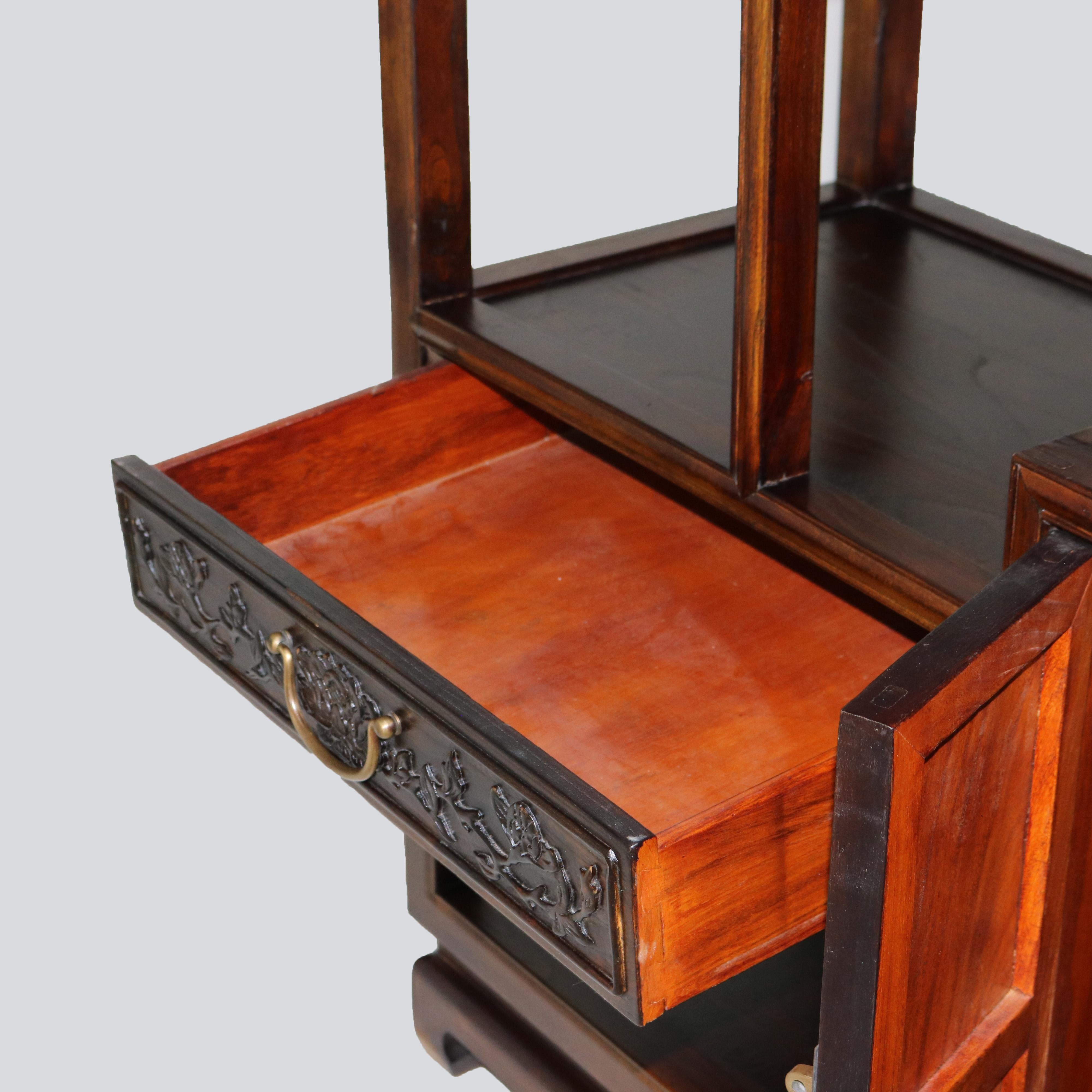 Chinese Carved in Relief Hardwood Curio Display Shelf with Offset Platform 20thC For Sale 6