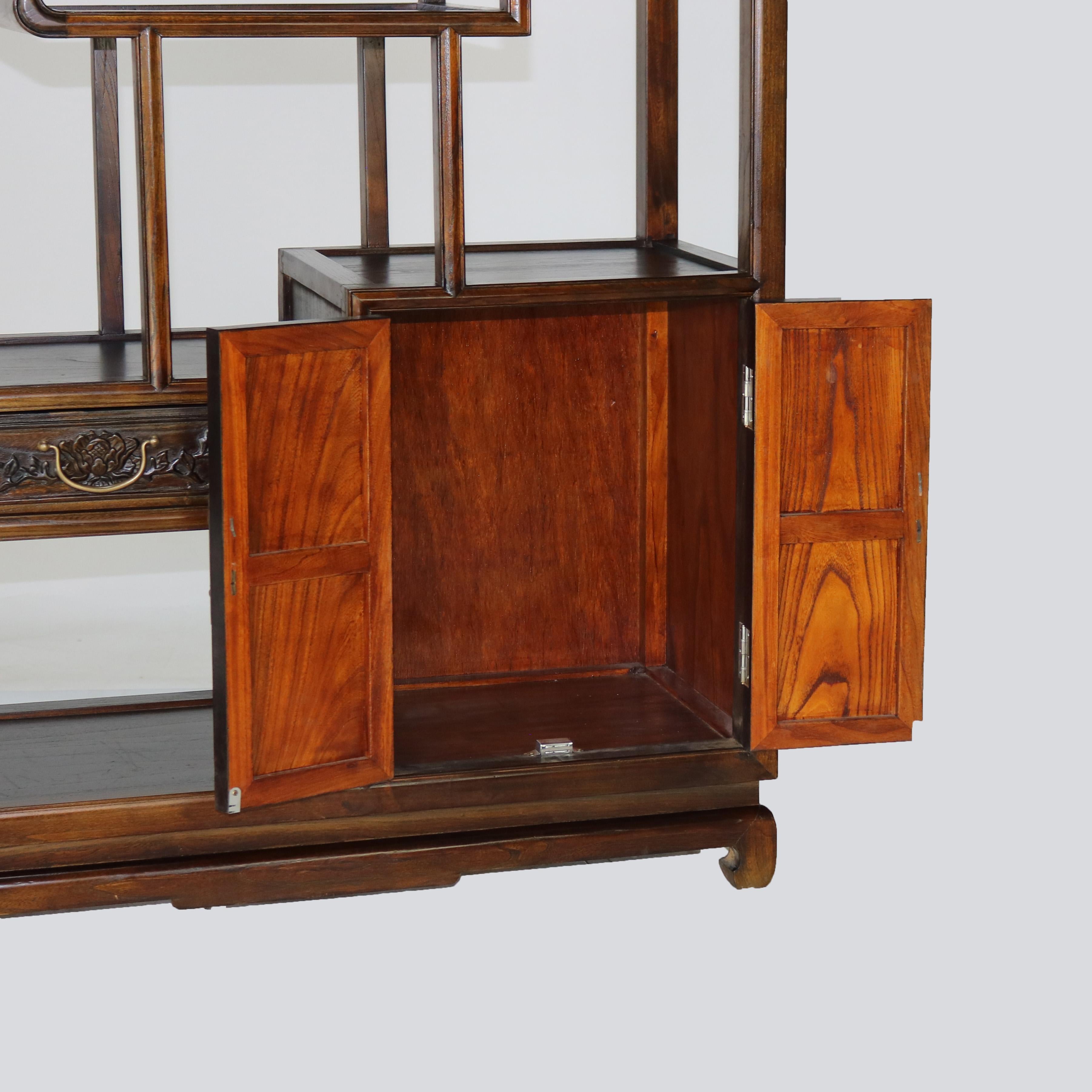 Chinese Carved in Relief Hardwood Curio Display Shelf with Offset Platform 20thC For Sale 7