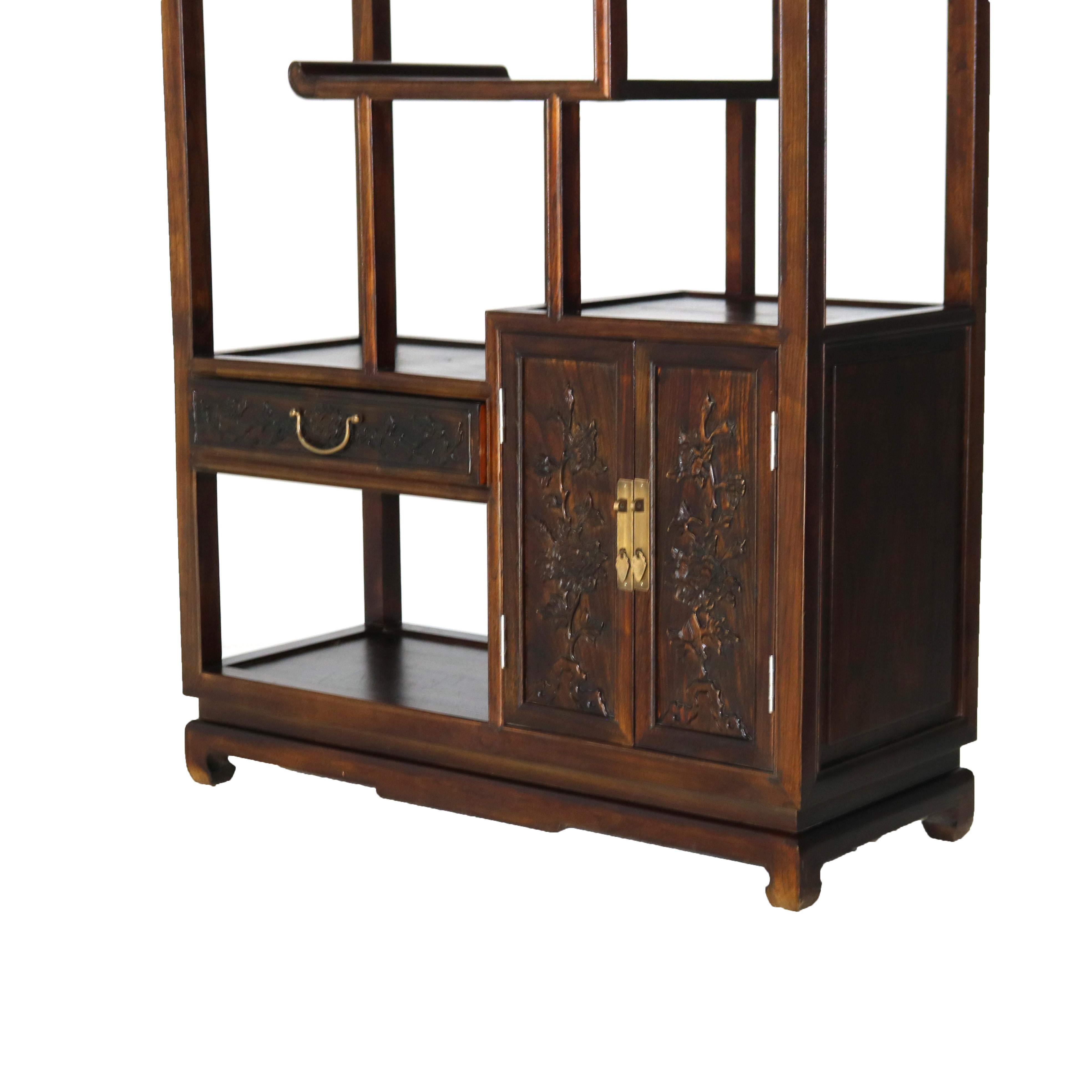 Chinese Carved in Relief Hardwood Curio Display Shelf with Offset Platform 20thC In Good Condition For Sale In Big Flats, NY