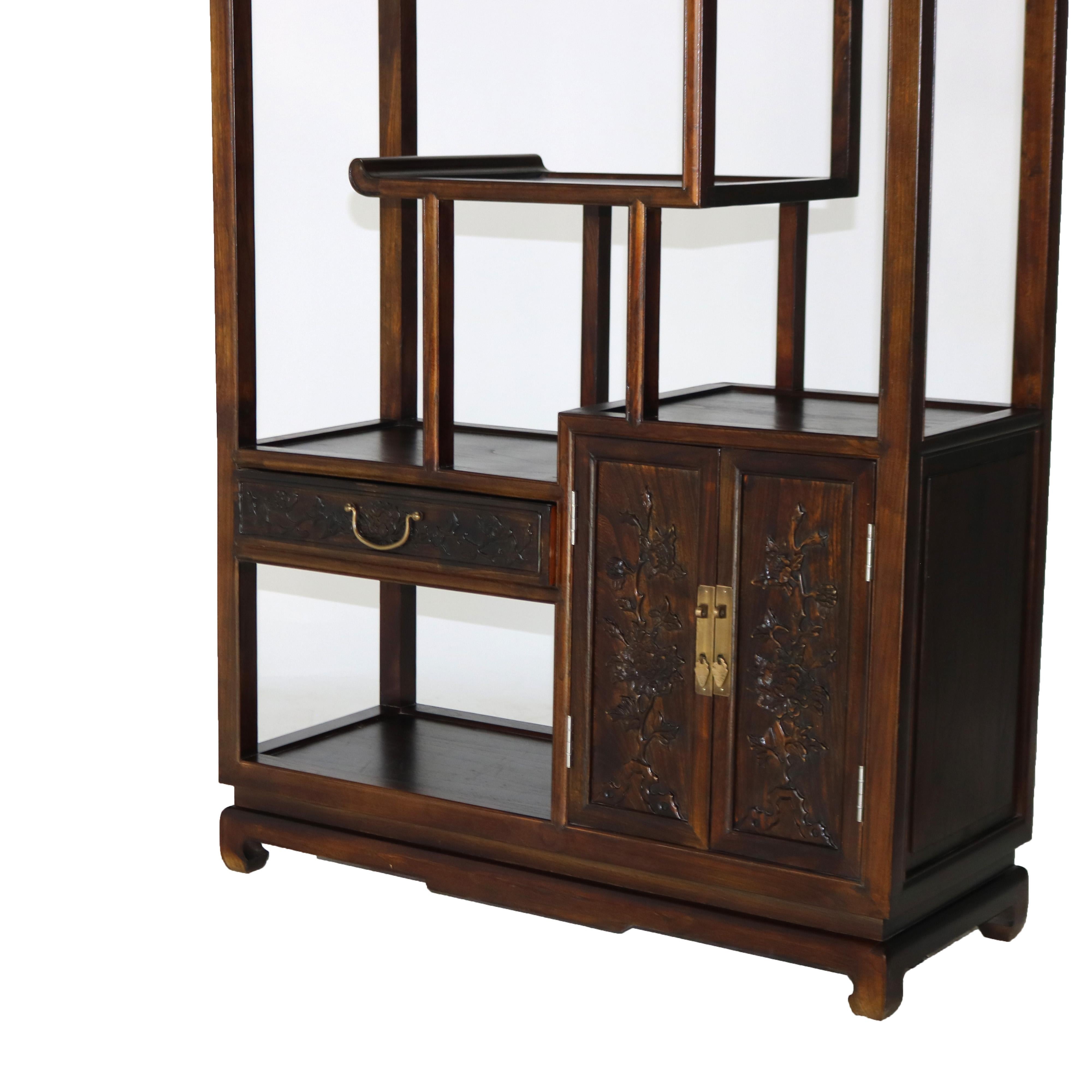 20th Century Chinese Carved in Relief Hardwood Curio Display Shelf with Offset Platform 20thC For Sale