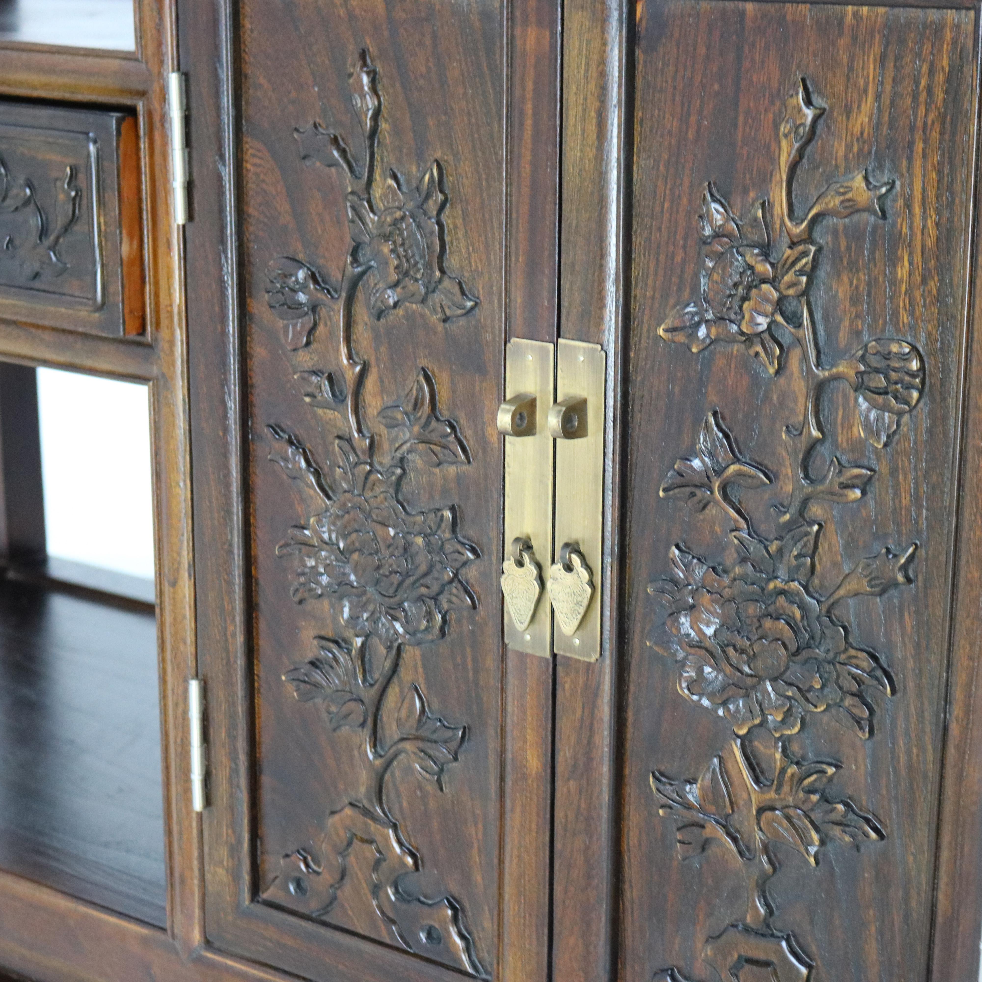 Chinese Carved in Relief Hardwood Curio Display Shelf with Offset Platform 20thC For Sale 1