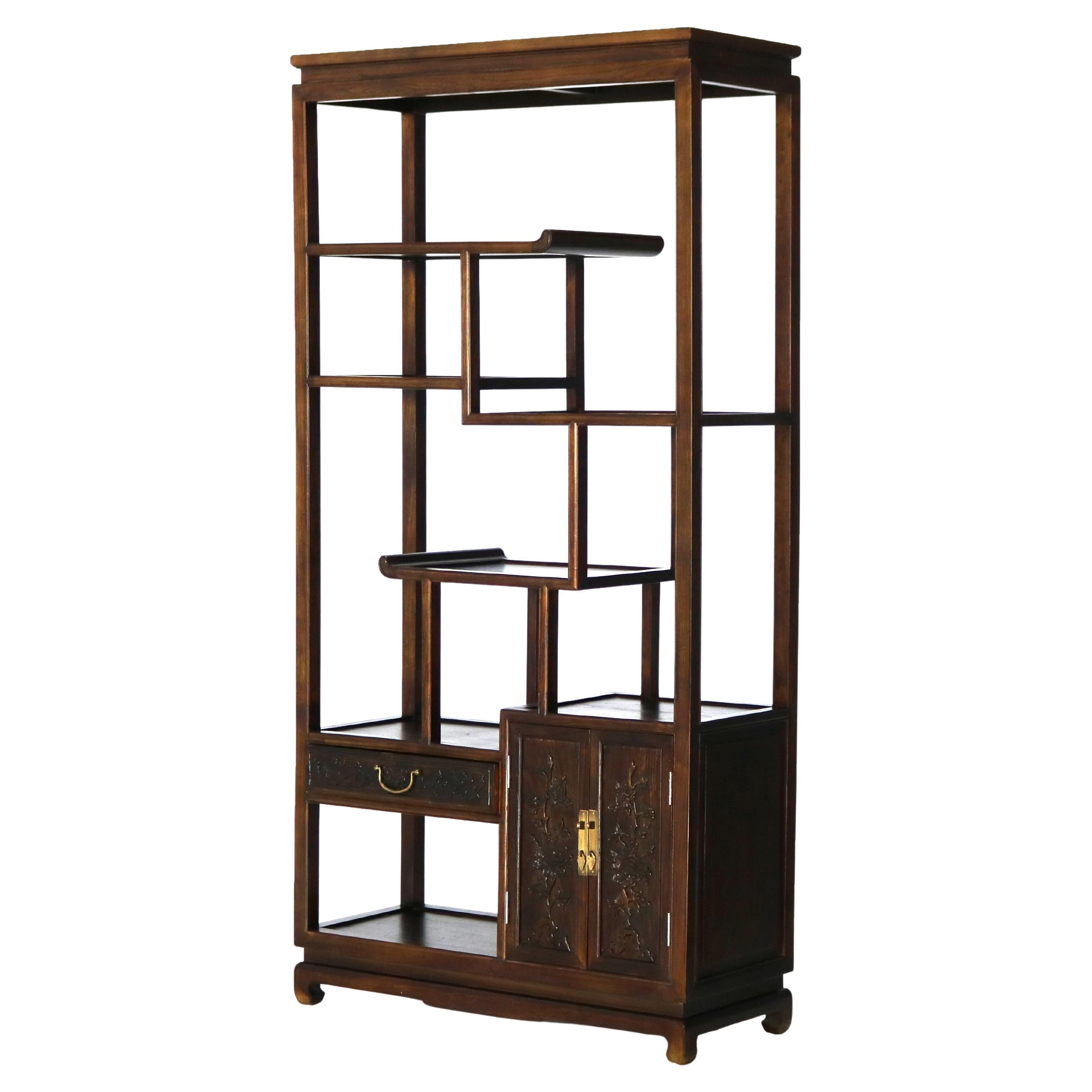 Chinese Carved in Relief Hardwood Curio Display Shelf with Offset Platform 20thC