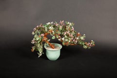 Chinese Carved Jade and Hardstone Ming Tree in Celadon Porcelain Cachepot