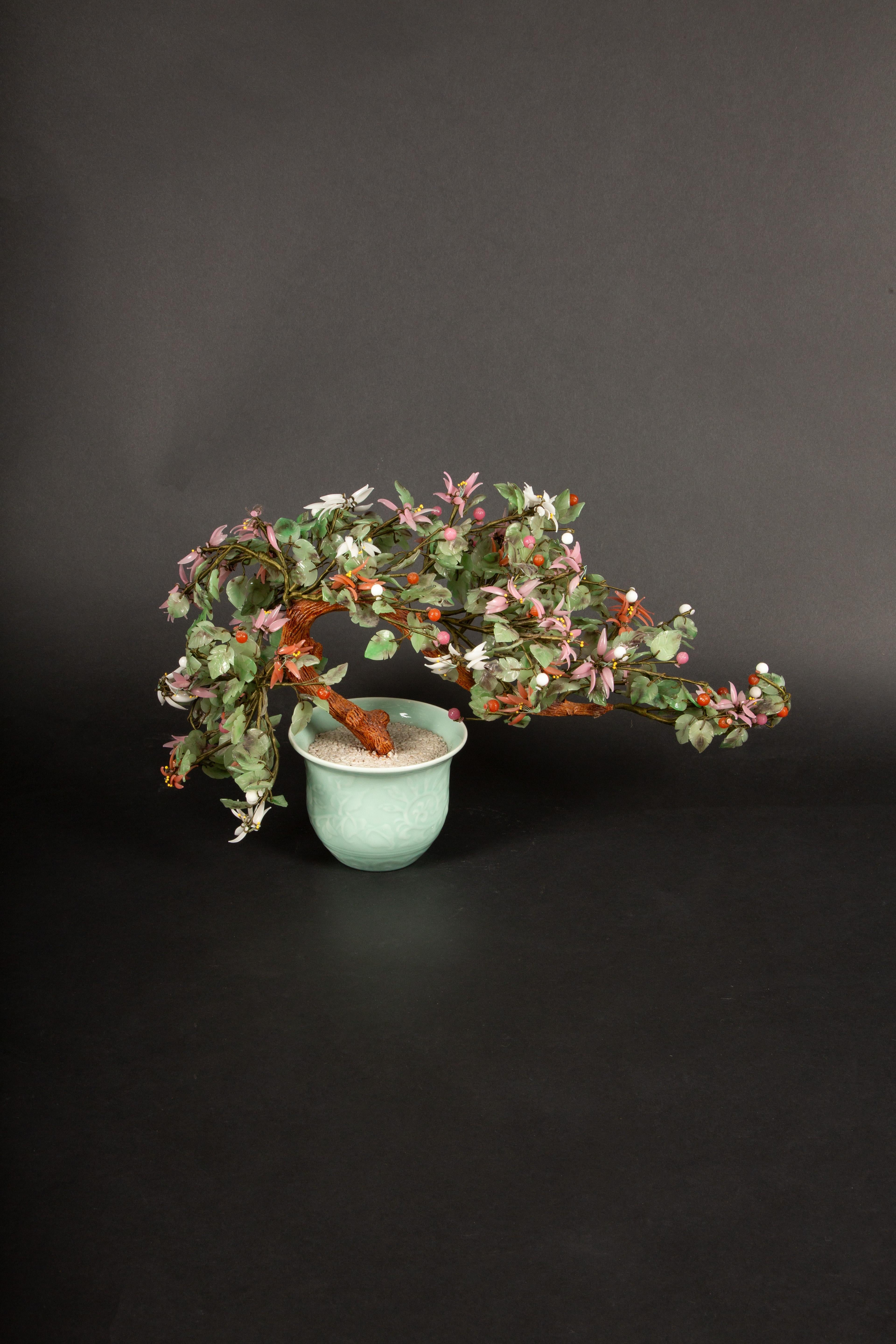 Chinese Carved Jade and Hardstone Ming Tree in Celadon