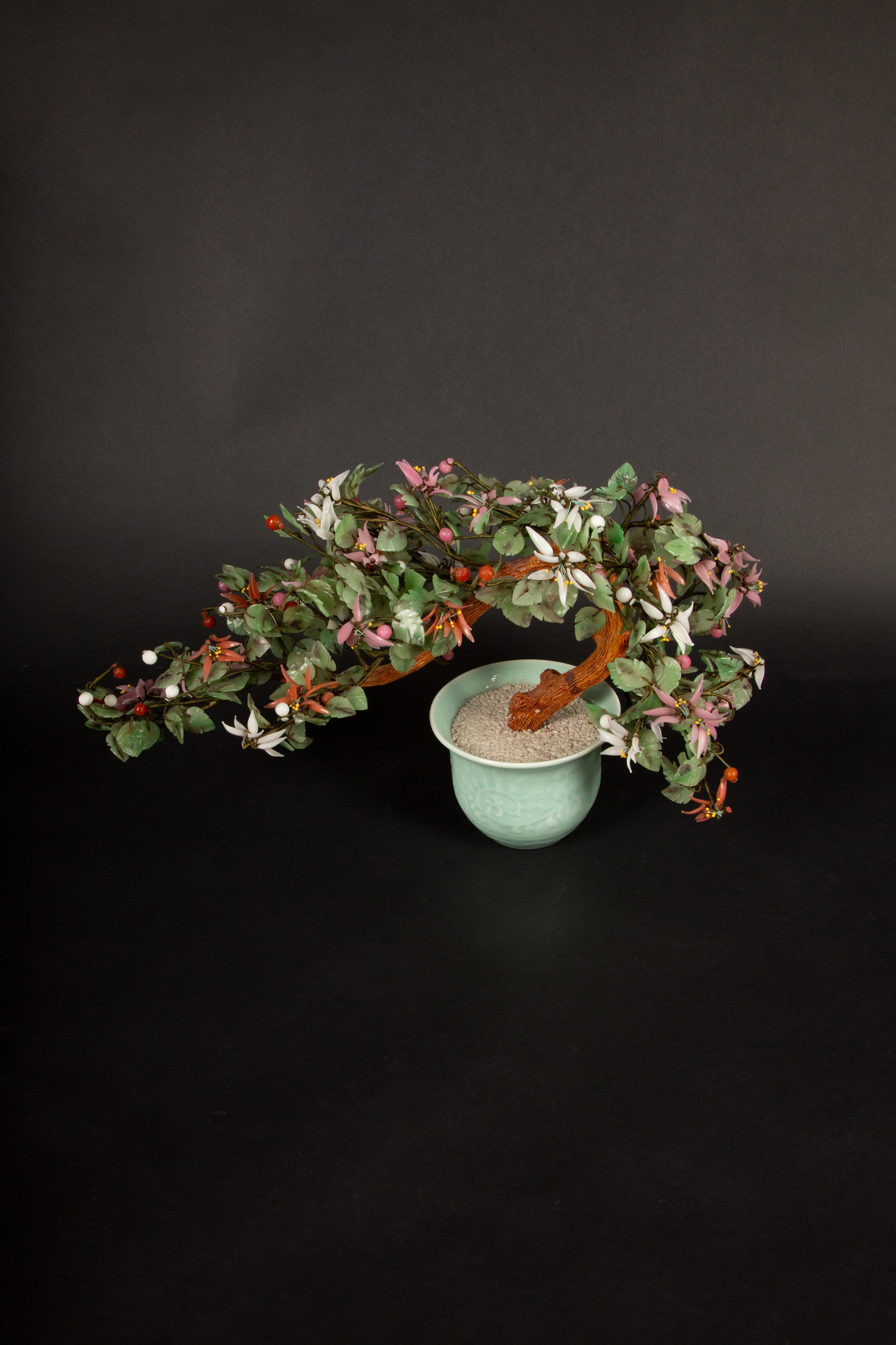 Chinese Carved Jade and Hardstone Ming Tree in Celadon Porcelain Cachepot 4