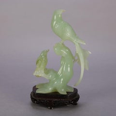 Chinese Carved Jade Figural Grouping of Birds, Pheasant & Sparrow, 20th Century