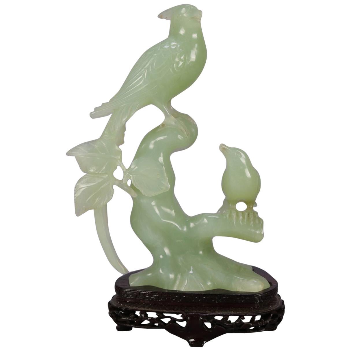 Chinese Carved Jade Figural Grouping of Birds, Pheasant & Sparrow, 20th Century