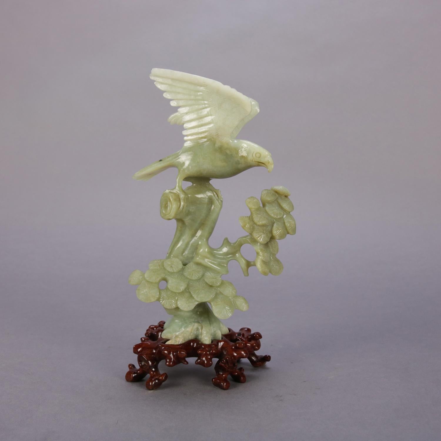 Chinese Carved Jade Figural Sculpture of Hawk on Tree Original Box, 20th Century In Good Condition In Big Flats, NY