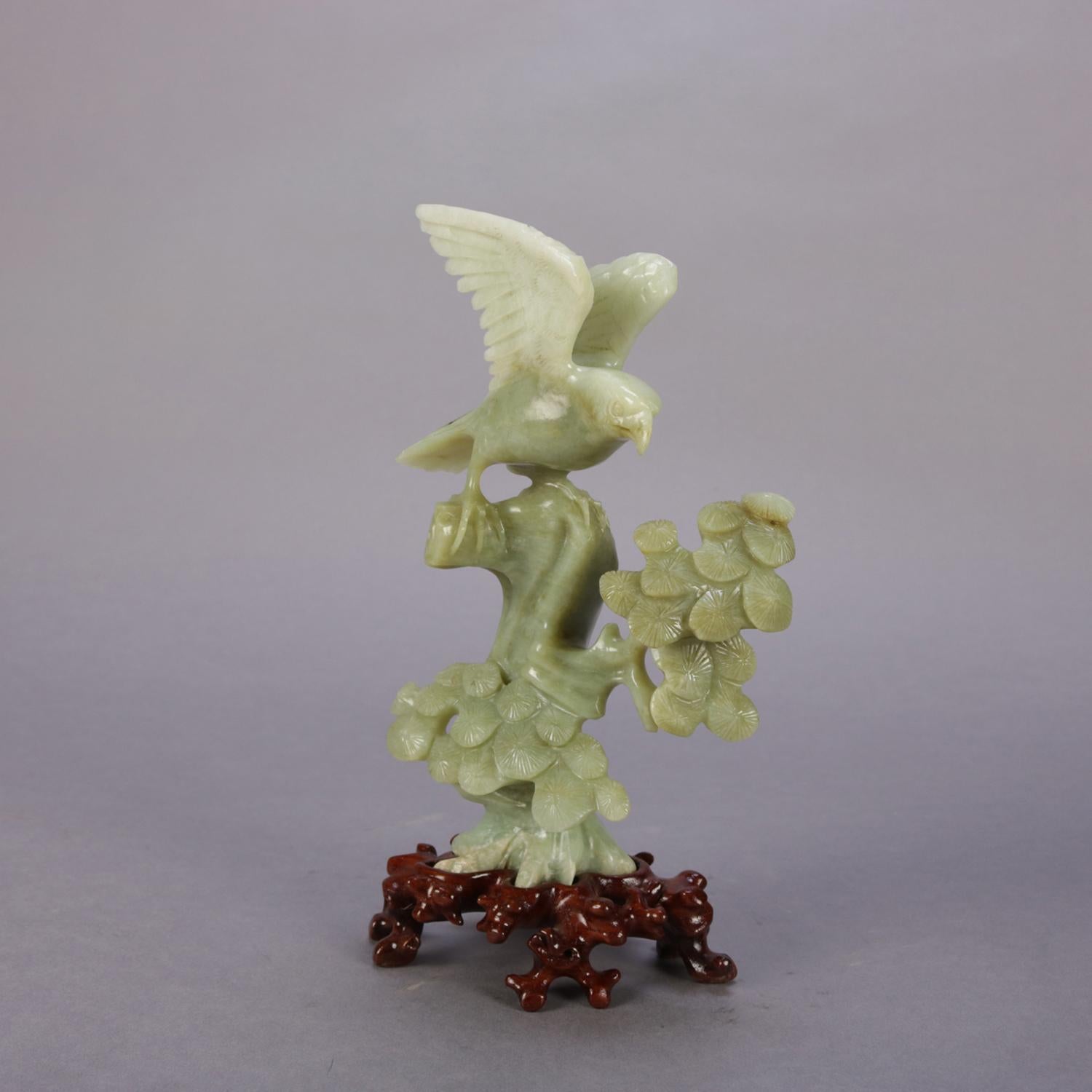 Chinese Carved Jade Figural Sculpture of Hawk on Tree Original Box, 20th Century 1