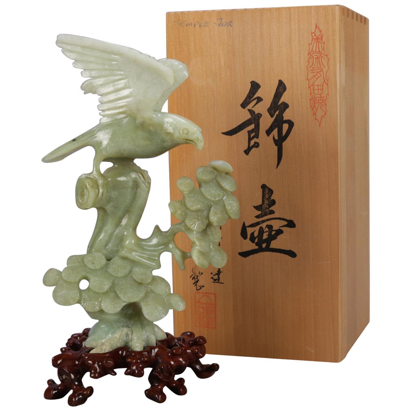 Chinese Carved Jade Figural Sculpture of Hawk on Tree Original Box, 20th Century