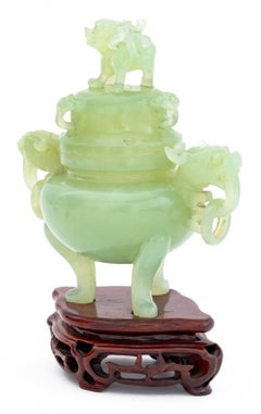 Chinese Carved Jade Foo Dog Covered Tripod Censer