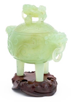 Chinese Carved Jade Foo Dog Covered Tripod Censer
