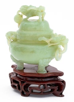 Chinese Carved Jade Foo Dog Covered Tripod Censer