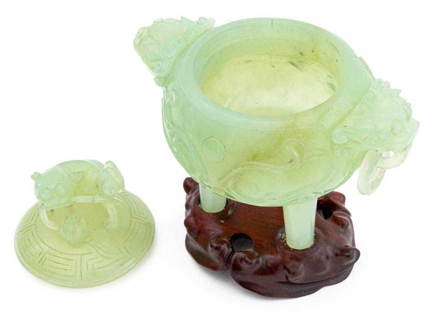 Qing Chinese Carved Jade Foo Dog Covered Tripod Censer