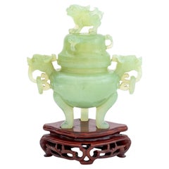 Antique Chinese Carved Jade Foo Dog Covered Tripod Censer