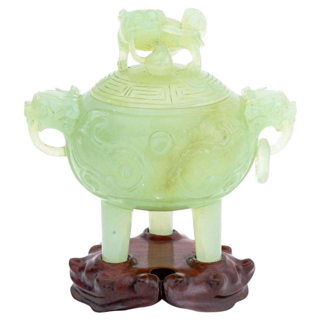 Chinese Carved Jade Foo Dog Covered Tripod Censer