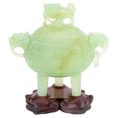Antique Chinese Carved Jade Foo Dog Covered Tripod Censer