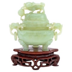 Antique Chinese Carved Jade Foo Dog Covered Tripod Censer