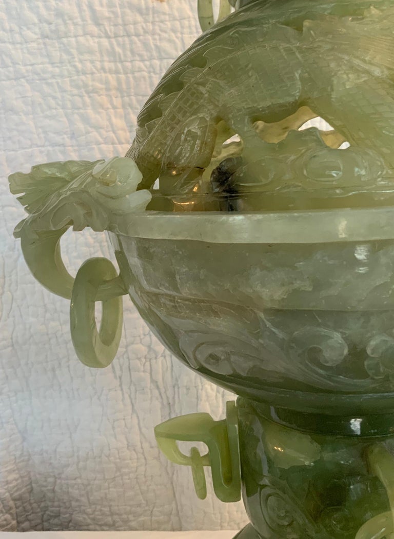 Chinese Carved Jade Like Stone Large Heavy Dragon Incense Burner at