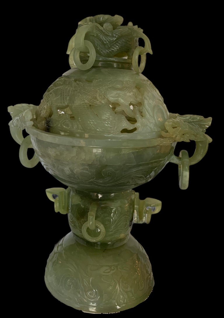 Chinese Carved Jade Like Stone Large Heavy Dragon Incense Burner at