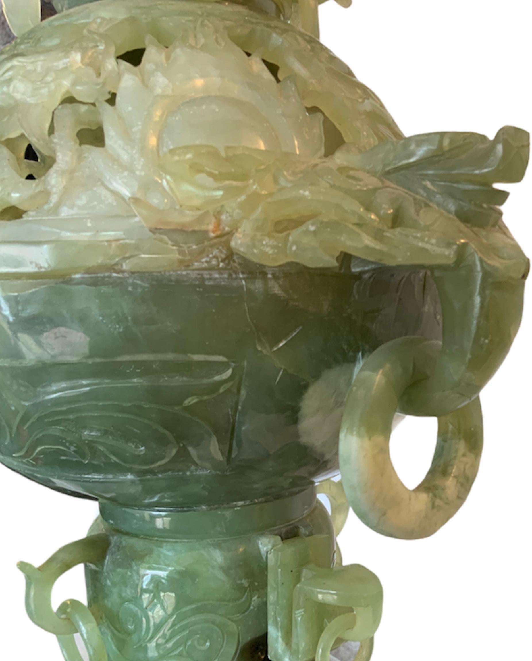 Chinese Export Chinese Carved Jade Like Stone Large Heavy Dragon Incense Burner
