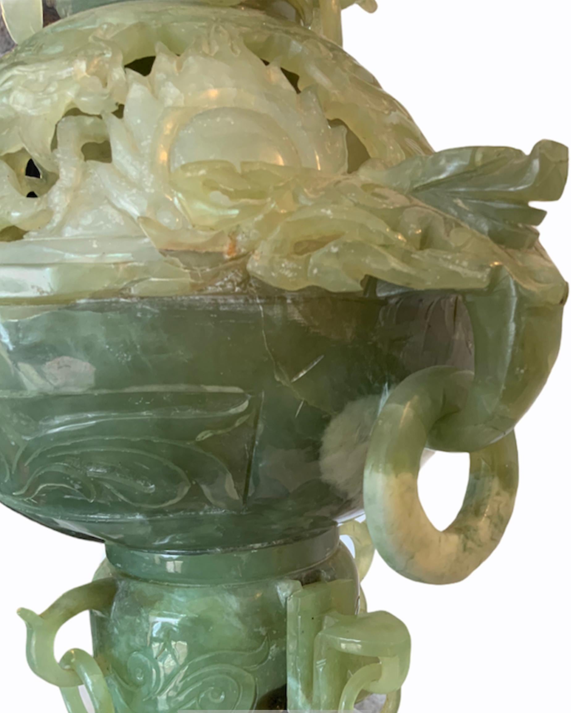 Chinese Carved Jade Like Stone Large Heavy Dragon Incense Burner In Good Condition In Guaynabo, PR