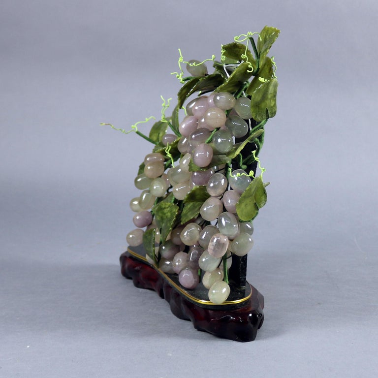 Chinese Carved Jade Sculpture on Carved Hardwood, Grapes and Vine, 20th