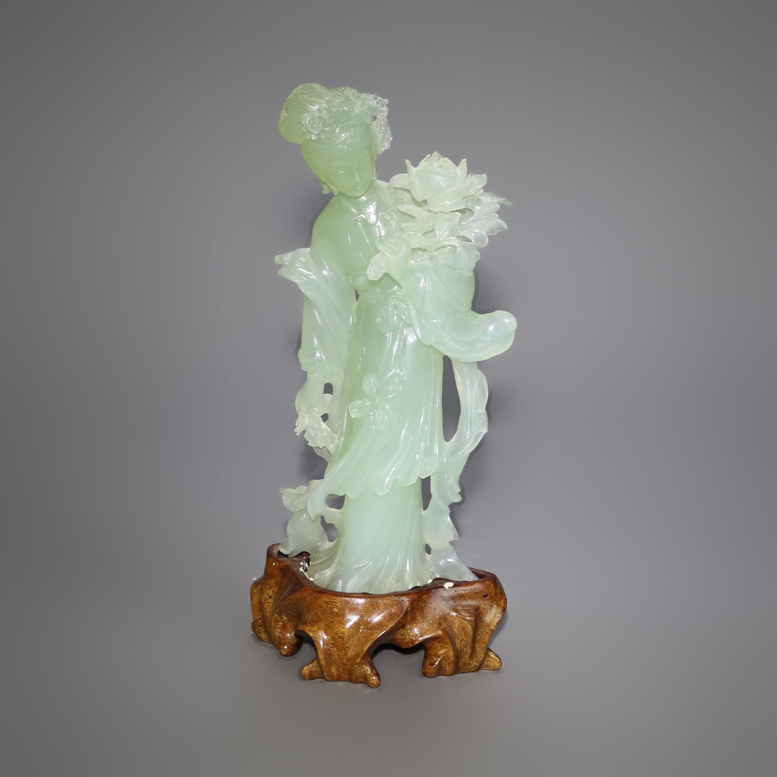 Chinese Carved Jade Statue of a Woman on Wood Base 20thC

Measures - 7.25