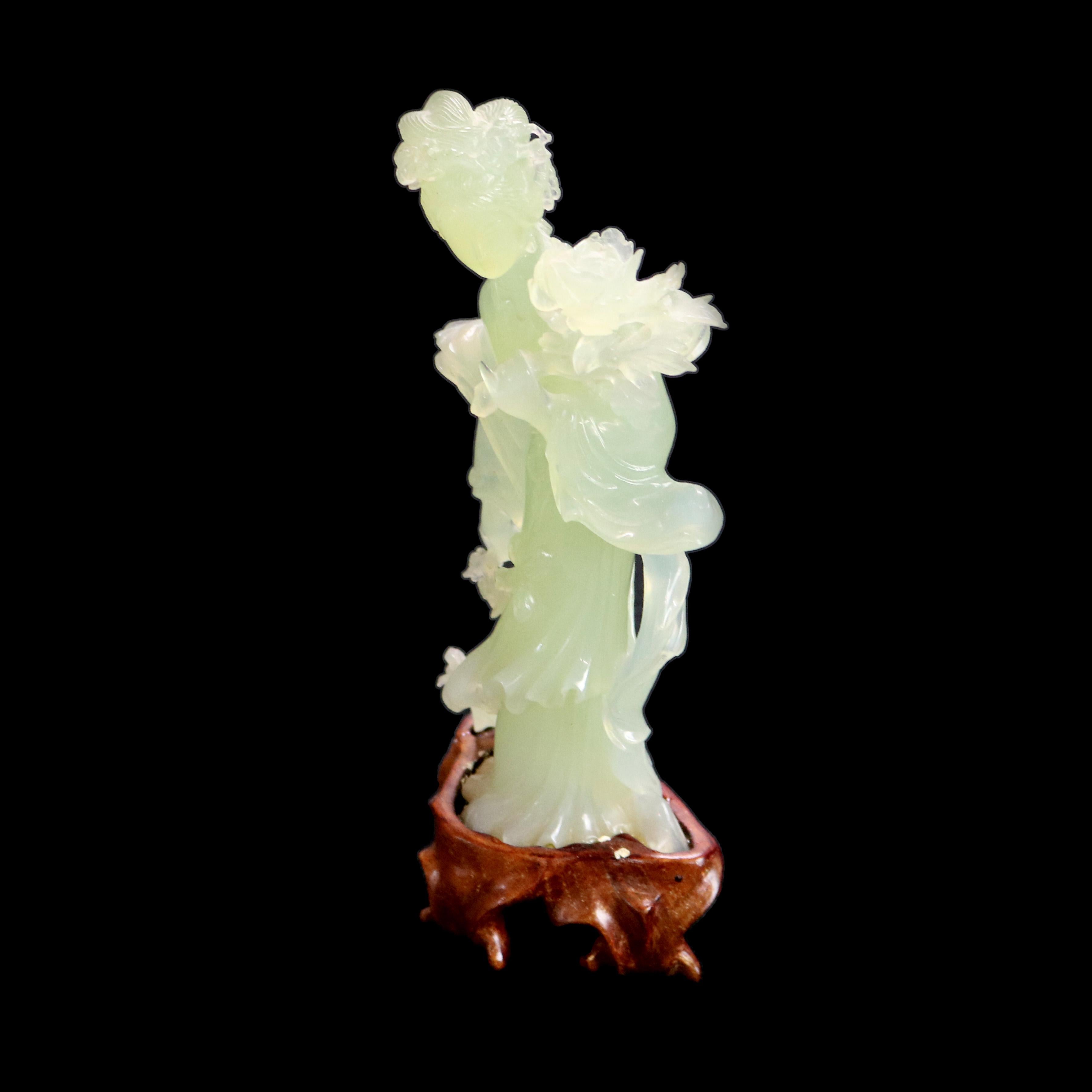 20th Century Chinese Carved Jade Statue of a Woman on Wood Base 20thC