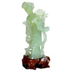 Chinese Carved Jade Statue of a Woman on Wood Base 20thC