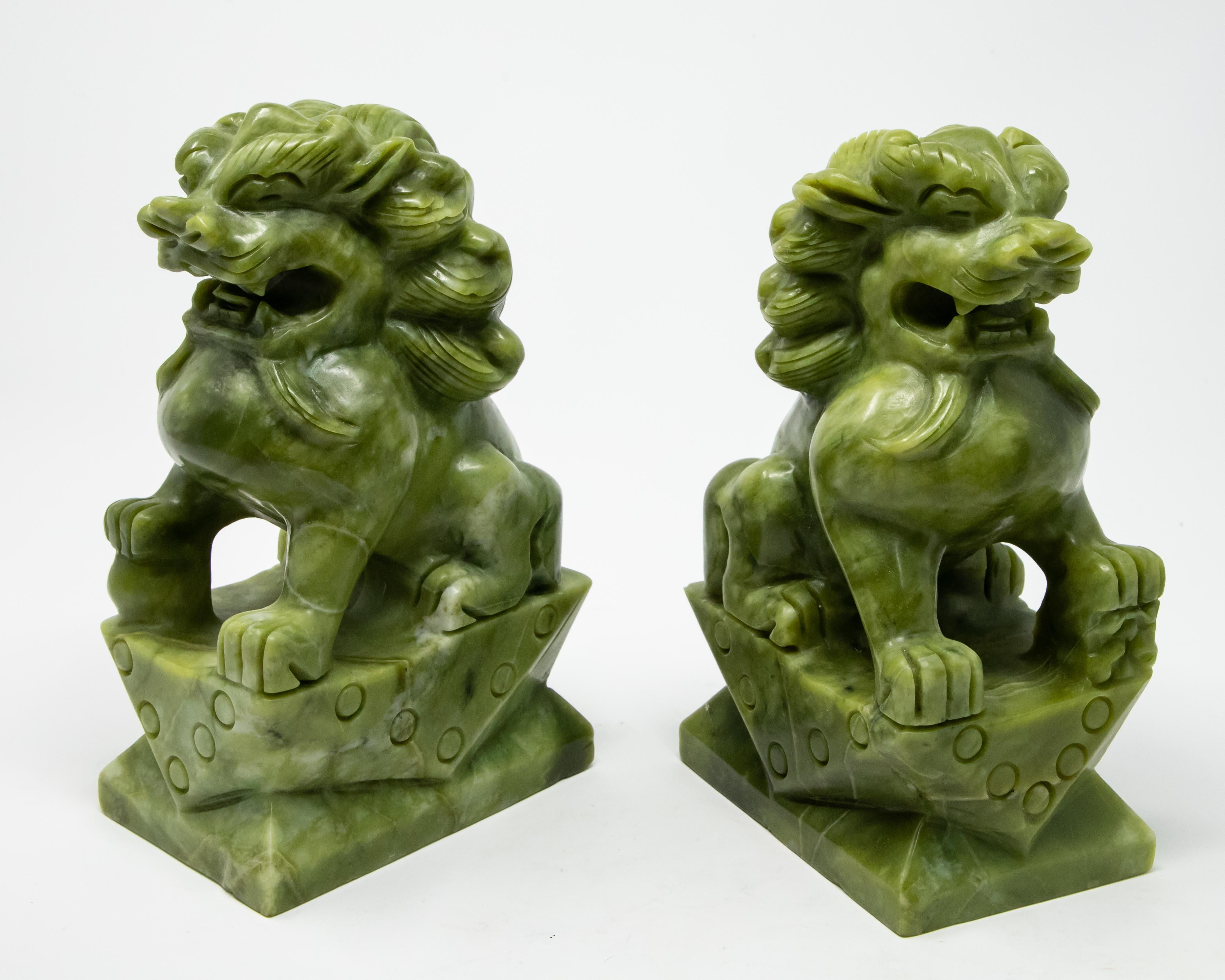 Chinese Carved Serpentine Stone Guardian Lions For Sale 2