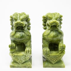 Chinese Carved Serpentine Stone Guardian Lions