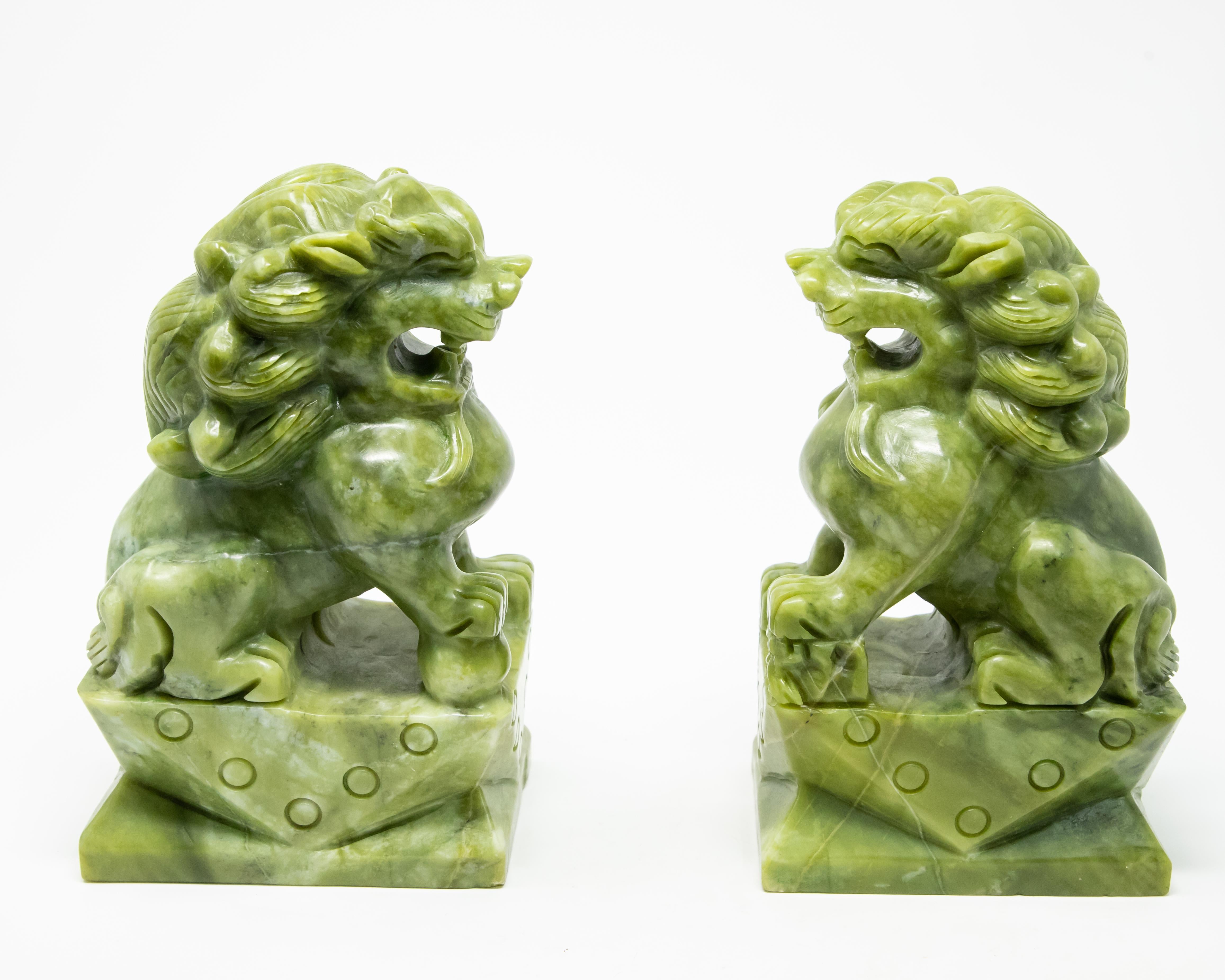 Chinese Export Chinese Carved Serpentine Stone Guardian Lions For Sale