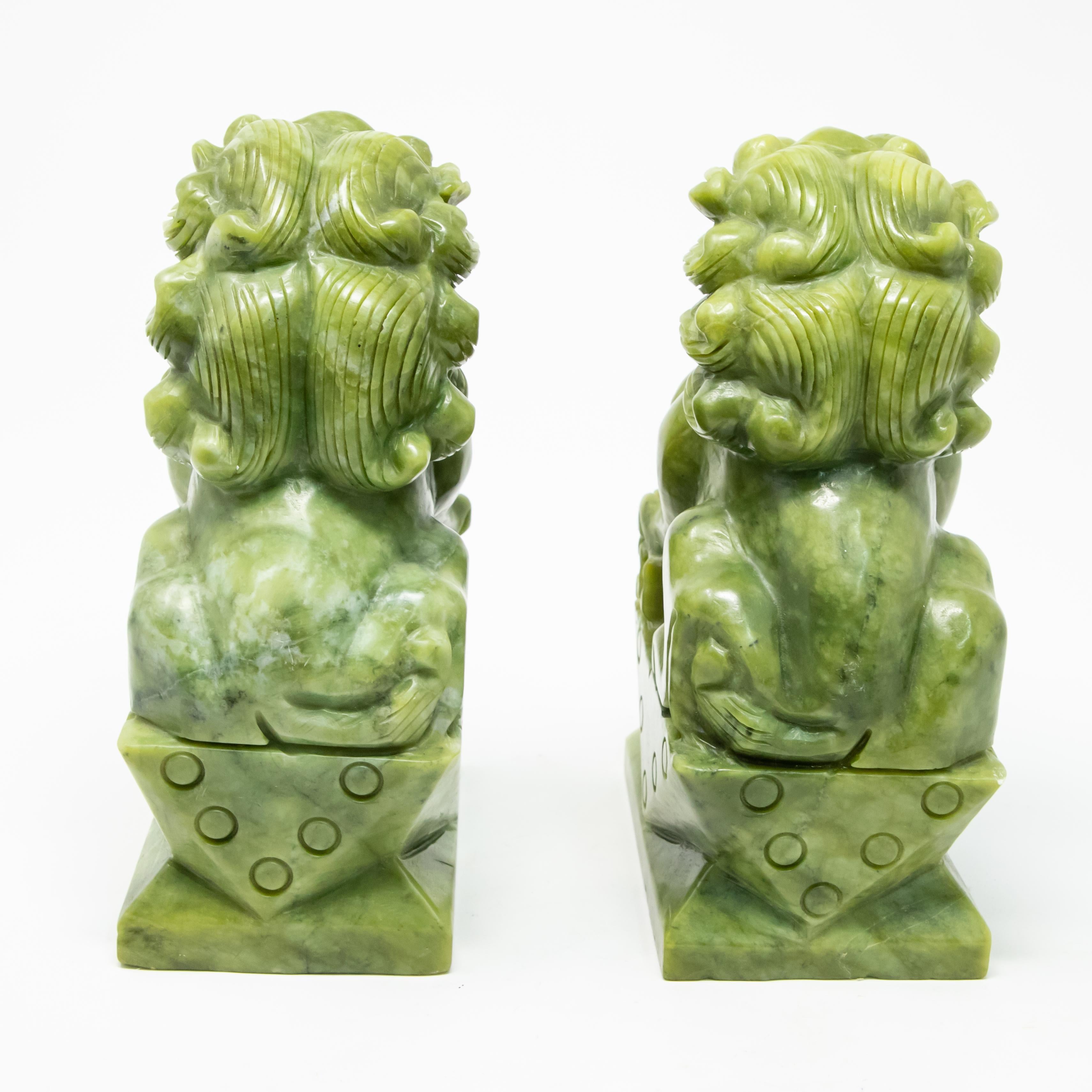 Chinese Carved Serpentine Stone Guardian Lions In Fair Condition For Sale In Cookeville, TN