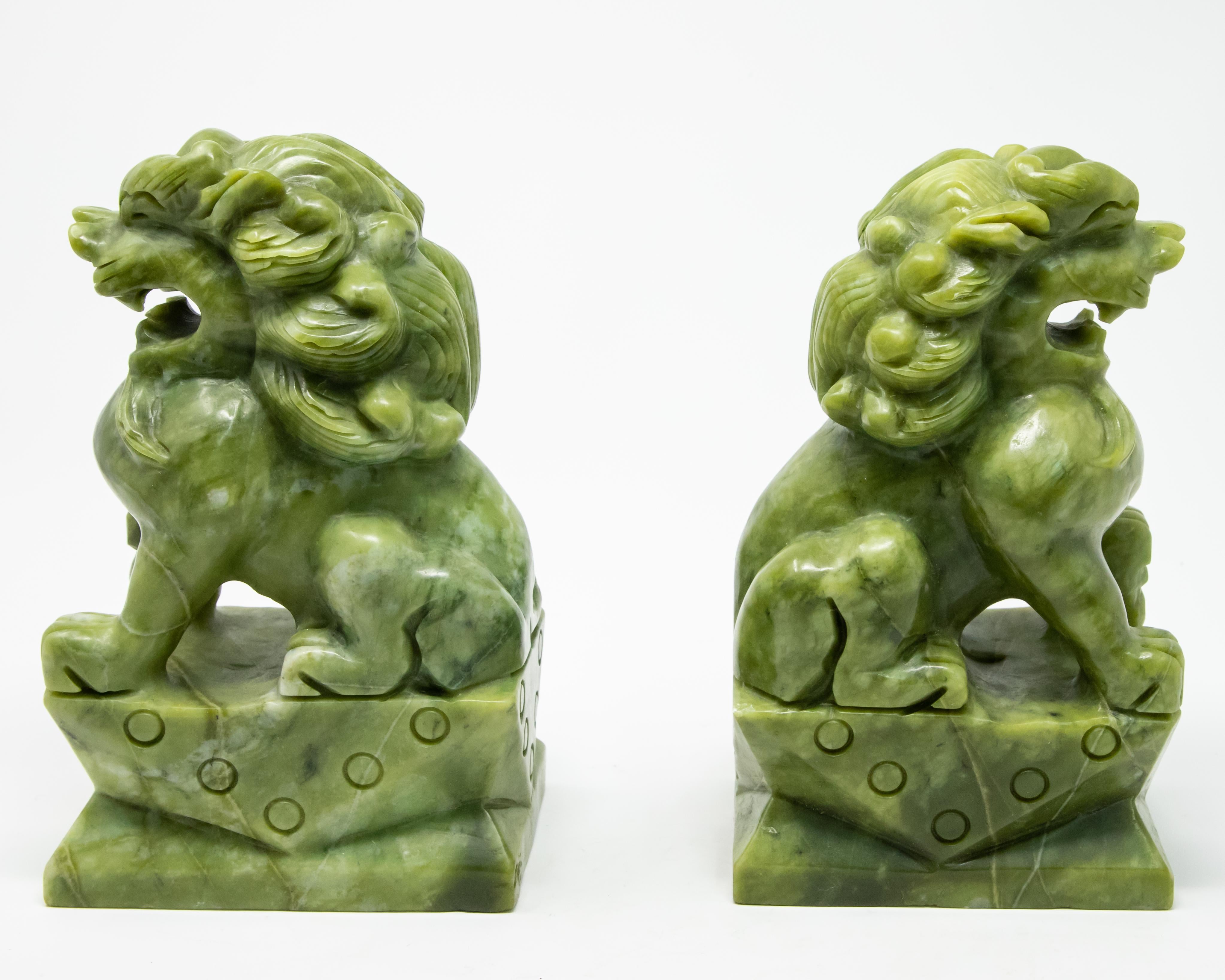 Chinese Carved Serpentine Stone Guardian Lions For Sale 1